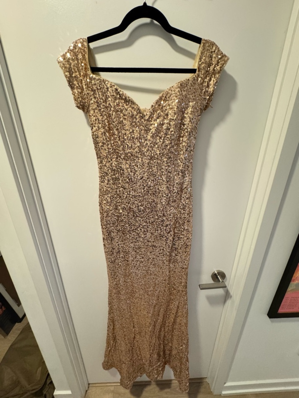 Badgley Mischka Rose Gold Sequin Off-Shoulder Maxi Dress